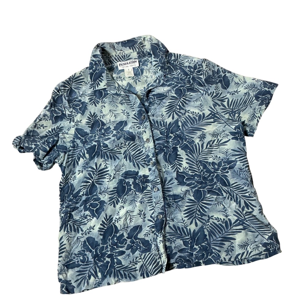Pendleton Women Blue Tropical Floral 100% Silk Short Sleeve Button Down Shirt 8